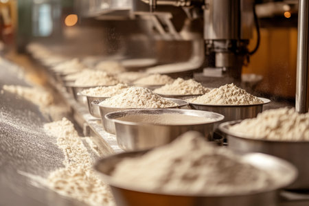 Large scale machinery mixing white flour in bowls on a production line for bread baking
