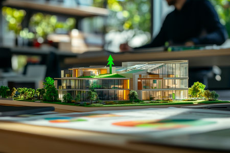 Eco friendly lodge model with green scale chart on office desk and business person workingの写真素材