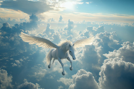 Majestic pegasus soaring through fluffy clouds in a sunlit blue sky a photorealistic captureの写真素材