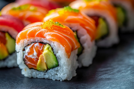 Vibrant sushi rolls featuring salmon and avocado against a dark background in Japanese cuisine styleの写真素材