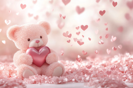 Charming 3d valentine's day background featuring pink teddy bear holding heart with floating heartsの写真素材