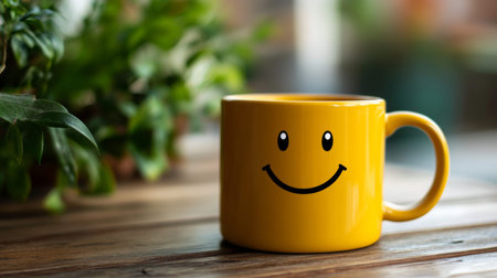 Cheerful yellow mug with smiley face on wooden table, surrounded by a lush plant background