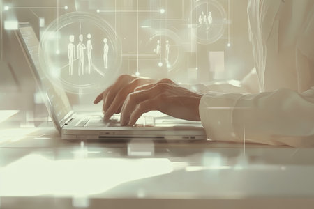 Futuristic office environment digital collage collaboration, technology, and innovation visualizedの写真素材