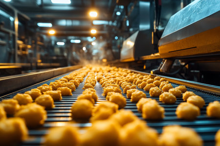 Advanced cheese flavored mini puff production line with warm lighting and perfectly shaped treatsの写真素材