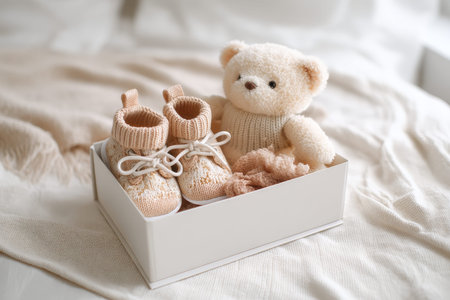 Minimalistic pastel baby essentials knitted shoes and teddy bear in a cozy beige aestheticの写真素材
