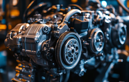 Close up of car engines and gearboxes for mechanics at automotive service station or exhibitionの写真素材