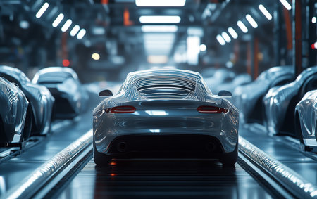 Car factory production line silver cars on conveyor belt in industrial painting processの写真素材