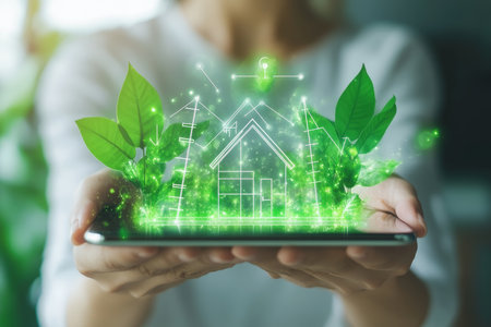 Person holding energy ladder chart on glass tablet, showcasing confidence in eco friendly buildingの写真素材