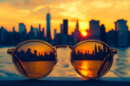 Golden frame sunglasses with Manhattan skyline at sunset on a beautiful summer dayの写真素材