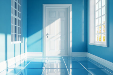 3d visualization of a white door and window in a bright blue room with glossy floor tilesの写真素材