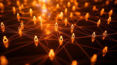 Glowing social network concept people icons connected by lines in an orange color schemeの写真素材