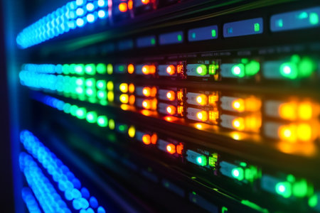 Close up view of a modern data center with colorful led servers creating a futuristic atmosphereの写真素材
