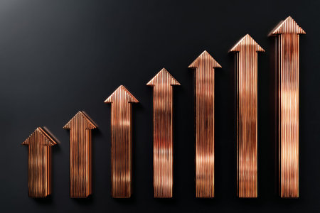 Copper arrow bar graph depicting real estate sales growth on black background with copy space