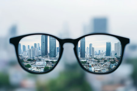 Minimalist close up of black glasses reflecting bangkok skyline, promoting eye health awarenessの写真素材