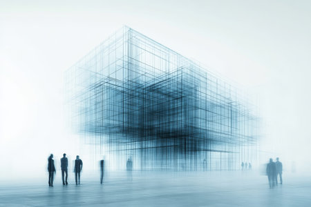 Artistic abstract blueprint of a contemporary building with people in a foggy double exposure scene