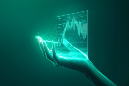 Futuristic digital illustration featuring a hand holding a glowing platform and 3d growth graphの写真素材