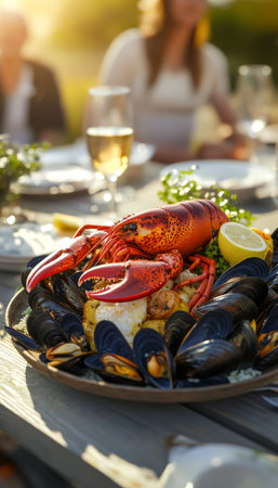 Stunning seafood platter on rustic table with fresh lobster and mussels in outdoor dining atmosphereの写真素材