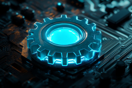 Futuristic 3d render of a glowing blue gear set against a high tech circuit board backgroundの写真素材