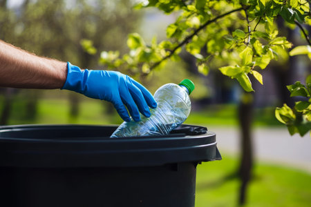 Male hand in blue gloves disposing plastic bottle into trash bin amidst springtime park sceneryの写真素材