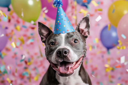 Joyful dog in blue birthday hat surrounded by confetti and balloons celebrating a special dayの写真素材