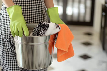Close up of a person with gloves and cleaning supplies in a stylish kitchen settingの写真素材