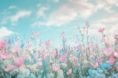 Enchanting spring meadow filled with wildflowers in soft pastel hues of pink and blueの写真素材