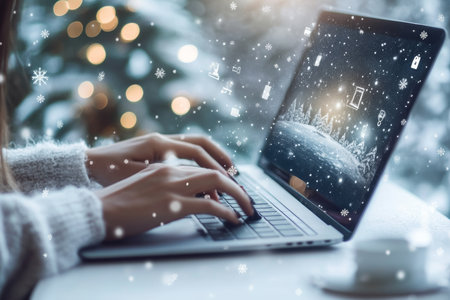 Person engaged in e learning on laptop amidst a photorealistic winter scene and cinematic lightingの写真素材