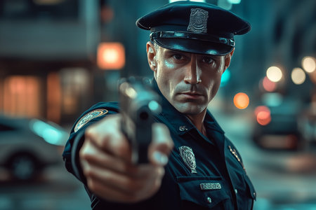 Police officer aiming pistol at camera in blurred street scene near police station