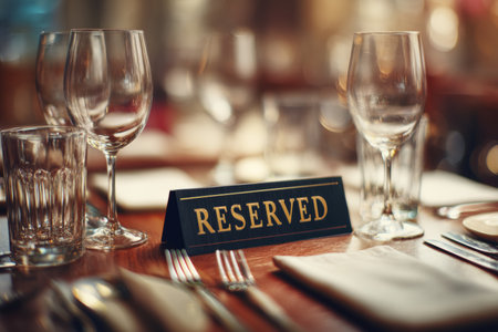 Elegant reserved sign on luxurious restaurant table with fine cutlery and soft focused backgroundの写真素材