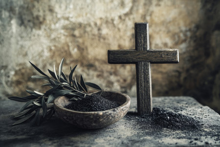 Close up of a wooden cross, olive branch, and ashes bowl at an ancient church settingの写真素材