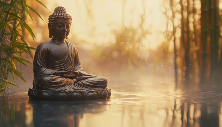 Serene buddha statue surrounded by bamboo in tranquil waters with warm zen aestheticの写真素材
