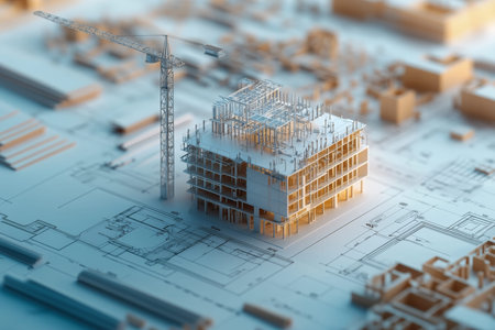 Aerial view of a construction site showing architectural plans and a developing modern complexの写真素材