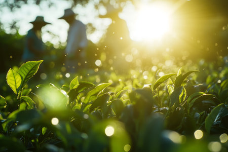 Morning light on tea leaves with workers in the background, capturing nature's green paletteの写真素材