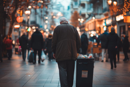 Elderly man discards trash in city street, captured from behind with a wide angle lens.の写真素材