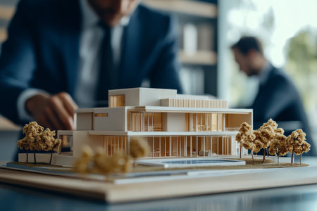 Businessman with house model on table and office worker in background for real estate conceptの写真素材