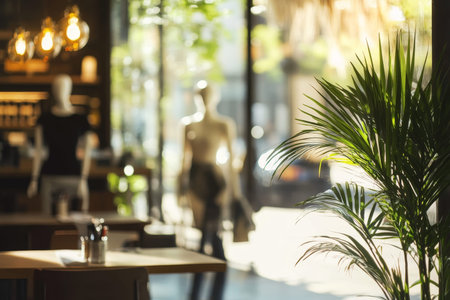 Stylish restaurant entrance with mannequins and modern decor in a blurred bokeh effectの写真素材