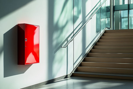 Close up of a red fire extinguisher in a modern industrial design cabinet by staircaseの写真素材