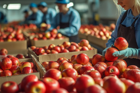 Young woman at fruit production line packing red apples with team of workers in orchard settingの写真素材