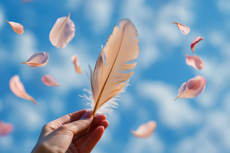 A hand holding an elegant feather amidst falling petals, symbolizing freedom against a blue skyの写真素材