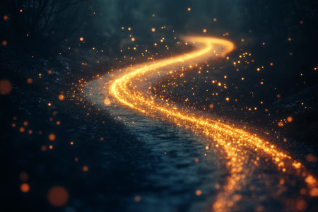 A cinematic journey a long winding road of glowing light particles against a dark background