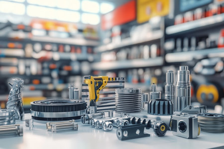 Abstract 3d rendering of car parts and accessories set against a blurred backgroundの写真素材