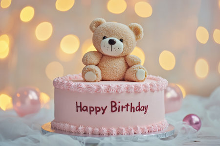 Charming birthday cake featuring a teddy bear and happy birthday text on a soft pastel backgroundの写真素材