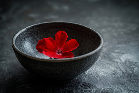 Striking minimalist product photography featuring a single red flower in an elegant dark bowlの写真素材