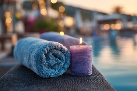 Tranquil scene of candles and towels by swimming pool with spa resort background and text spaceの写真素材