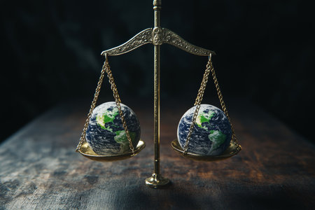 Balancing nature and wealth a striking visual of scales weighing earth against currencyの写真素材