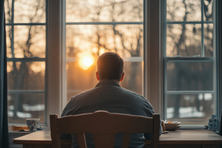 Man at dining table gazing at spring sunset through large windows capturing a warm atmosphere