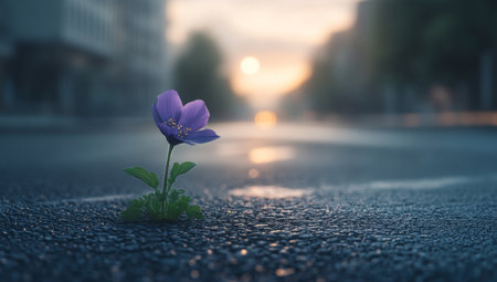 A sole purple flower emerges through asphalt, symbolizing hope and new beginnings on a quiet streetの写真素材
