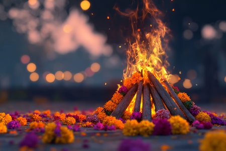Vibrant 3d bonfire scene with marigold flowers celebrating lohri amidst blurred navratri festivitiesの写真素材