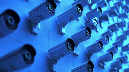 Photorealistic display of security cameras with white bodies and black lenses against blue lighting
