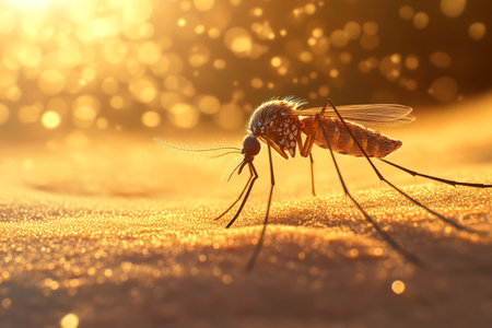 Creative poster for world malaria day featuring a close up of a mosquito on a sandy backgroundの写真素材